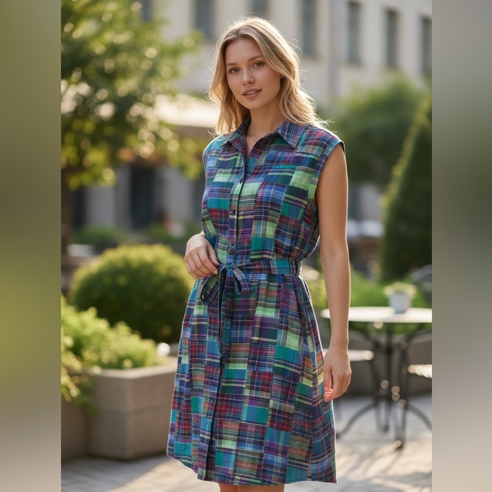 Sound Girl Vintage Women's Plaid Patchwork
Full Button Cap Sleeve Dress Small